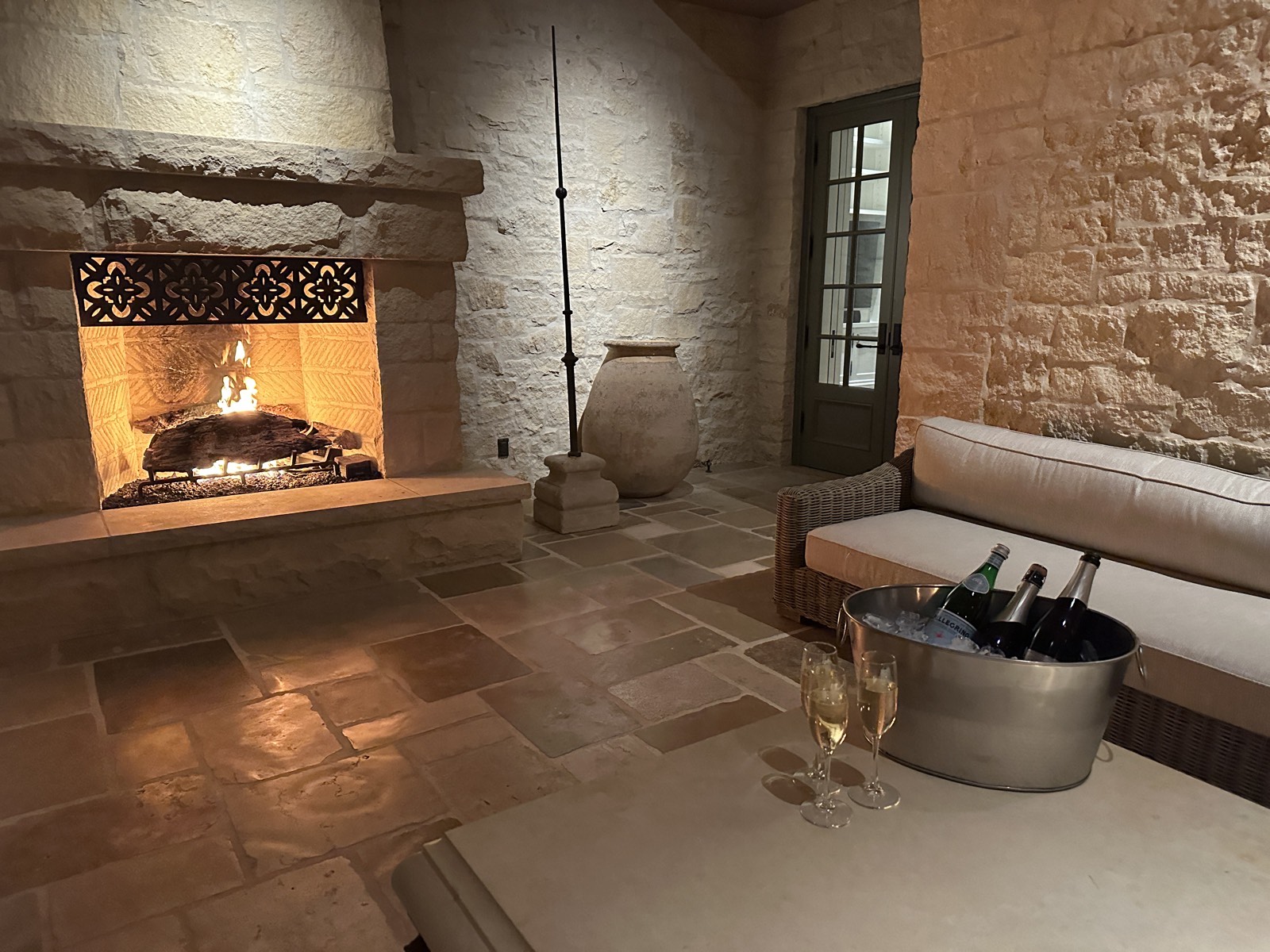 Fireplace with champagne